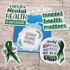 Mental Health‎ Matters Stickers - Awareness Support Green Ribbon Image - 5pcs